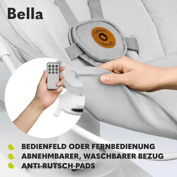 LIONELO Bella Elektrische Babywippe 360o für Babys bis 9 kg, verstellbare Rückenlehne, 5 Schaukelgeschwindigkeiten Sicherheitsgurt Erkennung von Bewegungen Anti-Rutsch – Bild 8