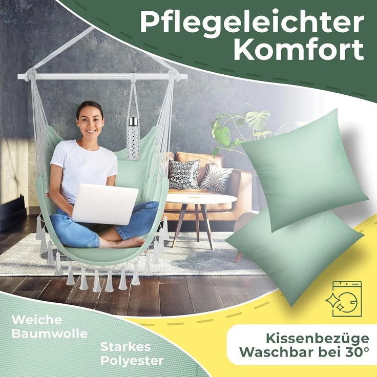 KESSER® Hängesessel mit 2 Kissen Getränkehalter & Bücherfach - Safari XXL Hängestuhl für Erwachsene & Kinder Hängematte bis 150 kg Hängesitz Aufhängung Indoor & Outdoor Wohn & Garten Terrasse Grün / Weiß – Bild 4
