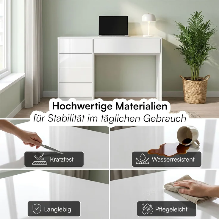 Bellamio 'Livny' Set aus Schreibtisch und Wolkenstuhl, mit 5 Schubladen, beidseitig montierbar, 80x53x110 cm, Computertisch mit Stauraum, Bürotisch mit Push-to-open, geeignet als Schminktisch, weiß hochglanz – Bild 7