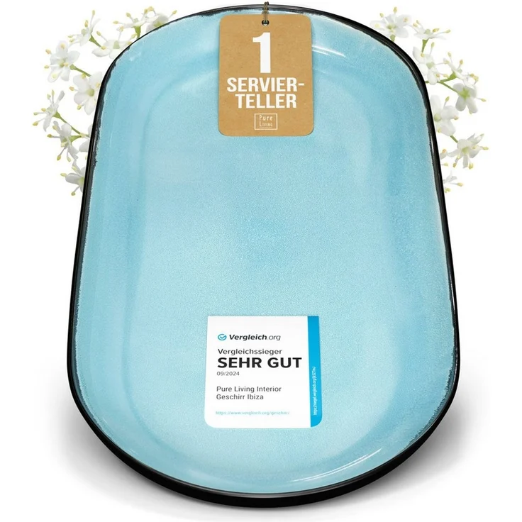 Steingut Servier Teller Groß Ibiza TESTSIEGER, Traumhafte Mediterrane Steingut Servierplatte, Serving Plate Oval, Servierteller Groß - Pure Living in Aquamarin – Bild 1