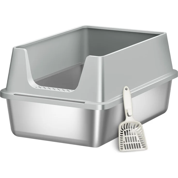 Halupeit XXL Katzentoilette aus Edelstahl, hoher Rand zum Schutz vor Spritzern und Auslaufen, leicht zu reinigen, Streuschaufel inklusive, Hellgrau, 61 x 40.5 x 29.5 cm – Bild 2