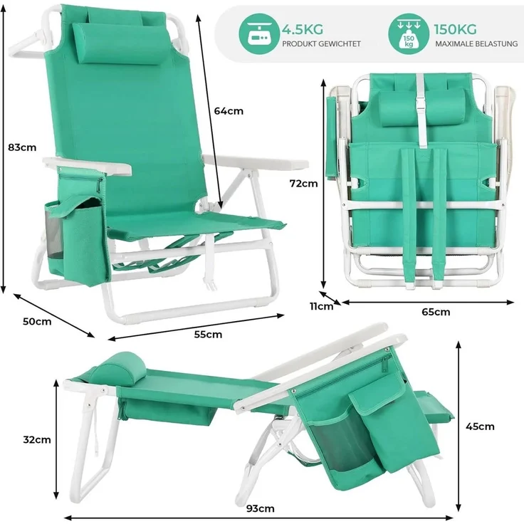TLGREEN Campingstuhl 5-Fach verstellbare Strandstuhl, (Outdoor Faltstuhl mit Verstellbarer Hohe Rückenlehne, Eisbeute, 1 St), bis 150 kg belastbar – Bild 3