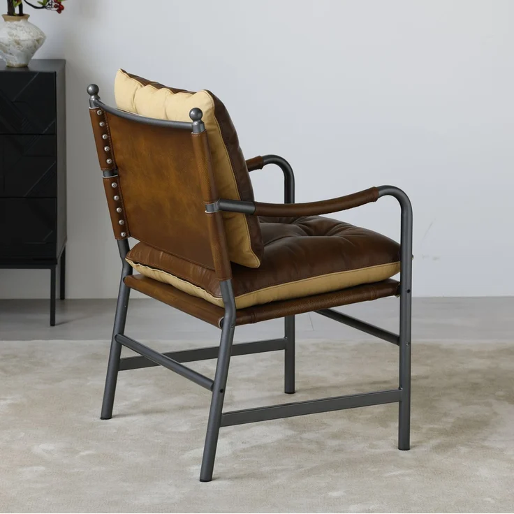 Sessel 60cm×62cm×90cm aus Echtleder mit Metallgestell und Armlehnen – Bild 3