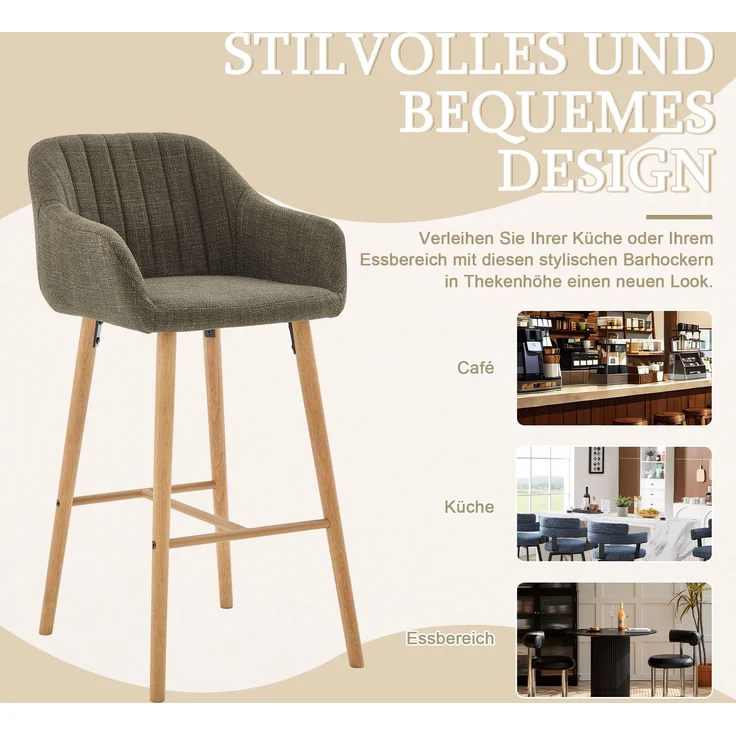 LVHOM Barhocker 2er Set, Barstühle mit Rückenlehnen und Armlehnen, Tresenhocker mit Holzbeinen, Tresenstuhl Stoff, Grün – Bild 6