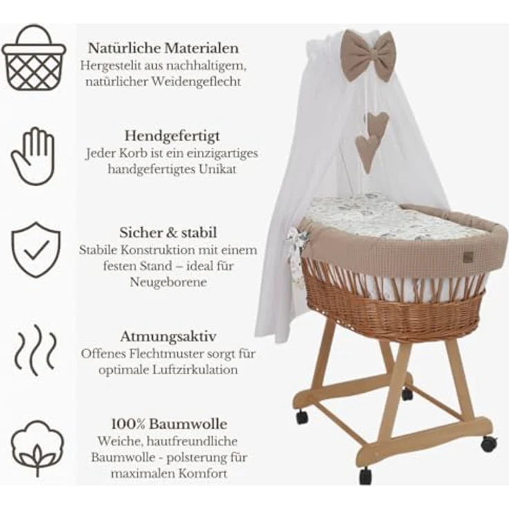WIKLINOPOL Stubenwagen Lena aus Weide – Babywiege mit Rollen, Matratze, Baldachin & Bettwäsche aus Waffelstoff mit Kaninchen, handgefertigt, Natur Moseskorb – Bild 3