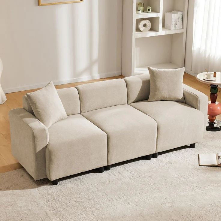 Ball & Cast 3 Sitzer Sofa, Sofagarnituren mit Dekokissen, Couch fürs Wohnzimmer/Schlafzimmer/Wohnung, 211x67 cm, Beige