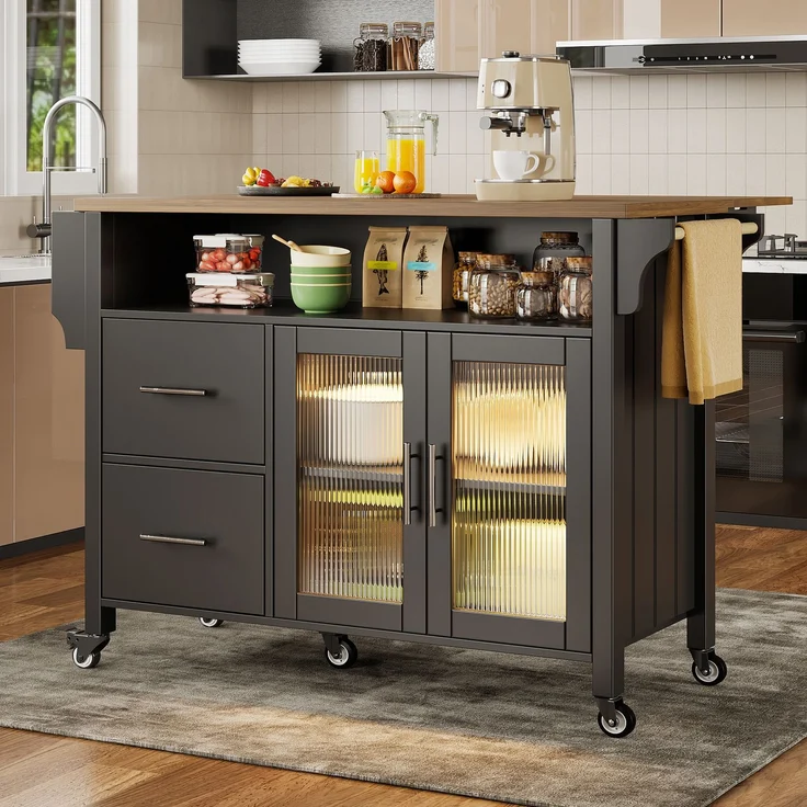 U-life Kücheninsel 139x40x94 cm, Servierwagen mit ausklappbarer Tischplatte, Glasvitrine, LED-Beleuchtung und Rollen, Schwarz – Bild 3