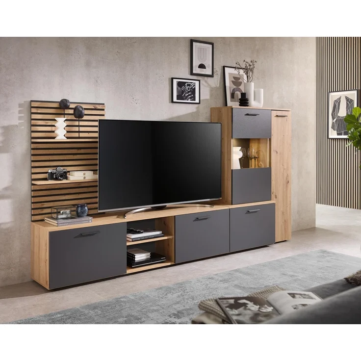 moebel-dich-auf Wohnwand ANCONA, (Artisan Eiche Nb. / anthrazit, Wandboard in Lamellenoptik + Lowboard + Vitrine), inkl. LED-Beleuchtung – Bild 1