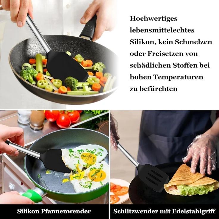 Homikit Silikon Pfannenwender Set Schwarz Edelstahlgriff 2er Kochbesteck – Bild 7