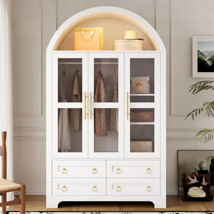Odikalo Kleiderschrank Kleiderschränke Schlafzimmerschrank mit LED Schubladen Kleiderstange (Flurgarderobe mit 3 Glastüren und 4 Schubladen, Vitrinenschrank, Wohnzimmerschrank, Aufbewahrungsschrank, Kleiderschrank mit LED-Beleuchtung App-steuerbare) – Bild 2
