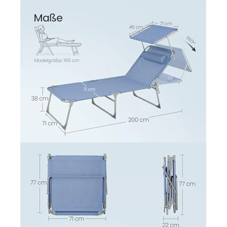 SONGMICS Große Sonnenliege GCB022Q01, klappbarer Liegestuhl mit Sonnenschutz, Kopfstütze und verstellbarer Rückenlehne, blau, für Garten, Pool und Terrasse, Belastbarkeit 150 kg – Bild 3