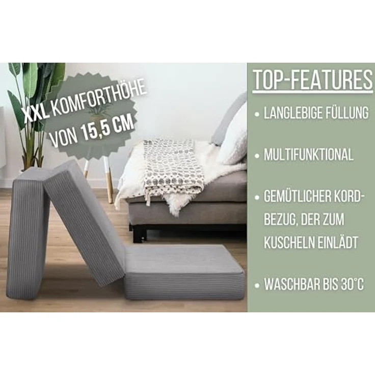 Badenia Trendline Faltbare Kord Gästematratze XXL, Komforthöhe von 15cm, 196 x 65 x 15,5 cm Liegefläche, Öko-Tex Zertifiziert, steingrau, produziert nach deutschem Qualitätsstandard – Bild 7