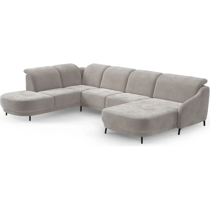 CAVADORE Wohnlandschaft Blue/Sofalandschaft mit Longchair im modernen Design, inklusiv Kopfteilverstellung, Vorziehsitz motorisch und mattschwarzen Metallfüßen / 356 x93 x 249 / Mikrofaser, Hellgrau