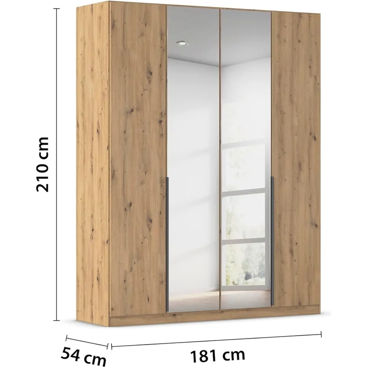 Rauch Möbel Alabama, Kleiderschrank, Garderobe, 4-türig, Spiegel, Zubehör Premium, 2 Kleiderstangen, 5 Einlegeböden, Schubladeneinsatz, Farbe Eiche Artisan, Holz, Griff Grau metallic, 181 x 210 x 54 cm – Bild 3