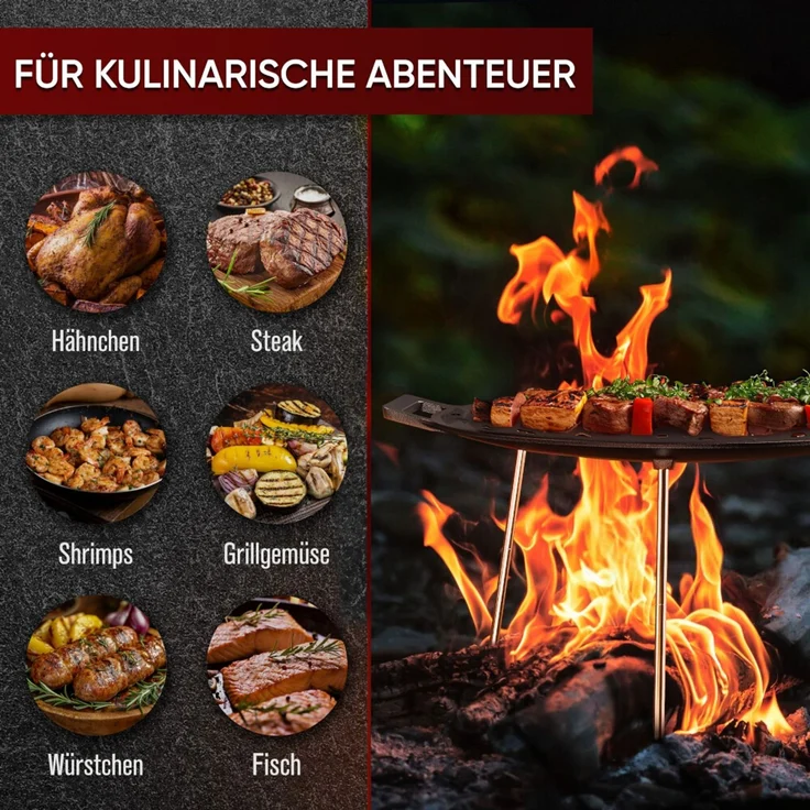 Feuerplatte 45 cm aus Gusseisen – mit abnehmbaren, 3-fach verstellbaren Füßen, massive Grillplatte für Feuerstelle, Plancha & Outdoor – Bild 4