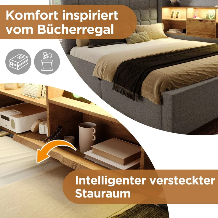 EINHOM Polsterbett 90 x 200 cm Einzelbett mit LED-Beleuchtung, Hydraulischem Stauraum, L-Förmigem Kopfteil mit Stauraum, Beidseitig Montierbar, Lattenrost, Leinenstoff, Grau, (Ohne Matratze) – Bild 5