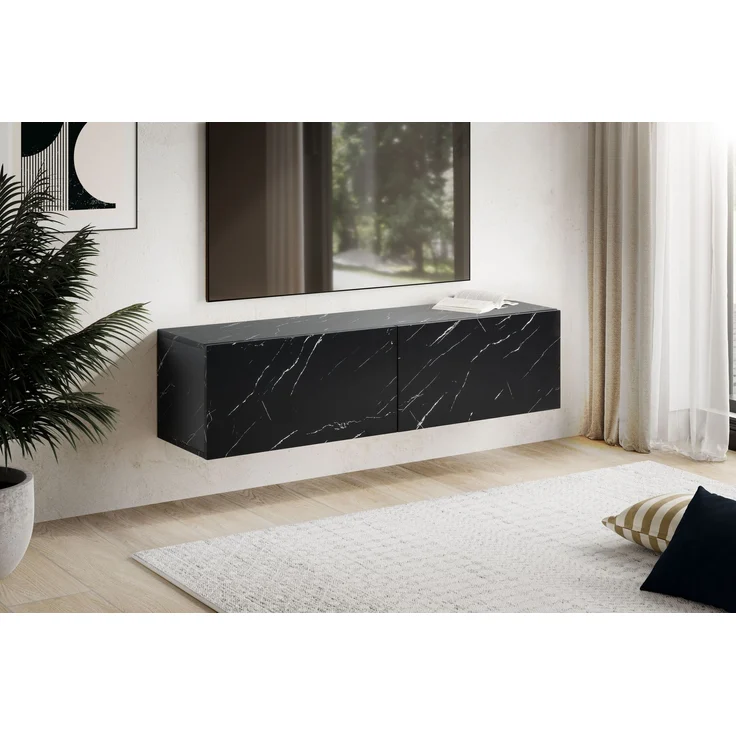 FINEBUY Lowboard FB58626 (Marmor-Optik Schwarz 120x30x30 cm mit zwei Türen), TV-Kommode Hoch, TV-Schrank Modern, Fernsehtisch – Bild 2