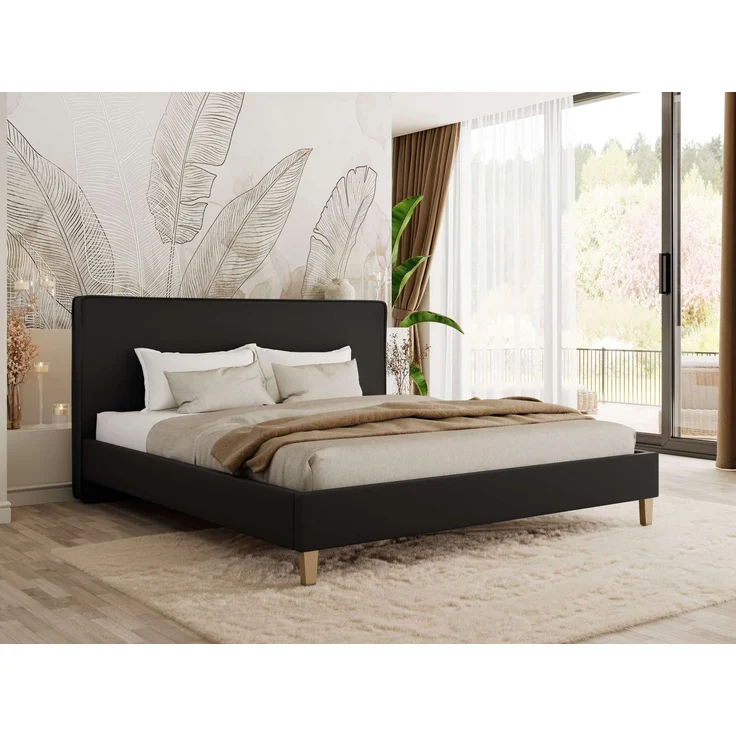 Design Polsterbett LUMARO CLASSIC 140x200 cm mit Lattenrost & 12cm hohen Füßen, Doppelbett mit Kopfteil, Konfigurierbar, Pocket Matratze - Schwarz Kunstleder - VIRE LUX – Bild 1