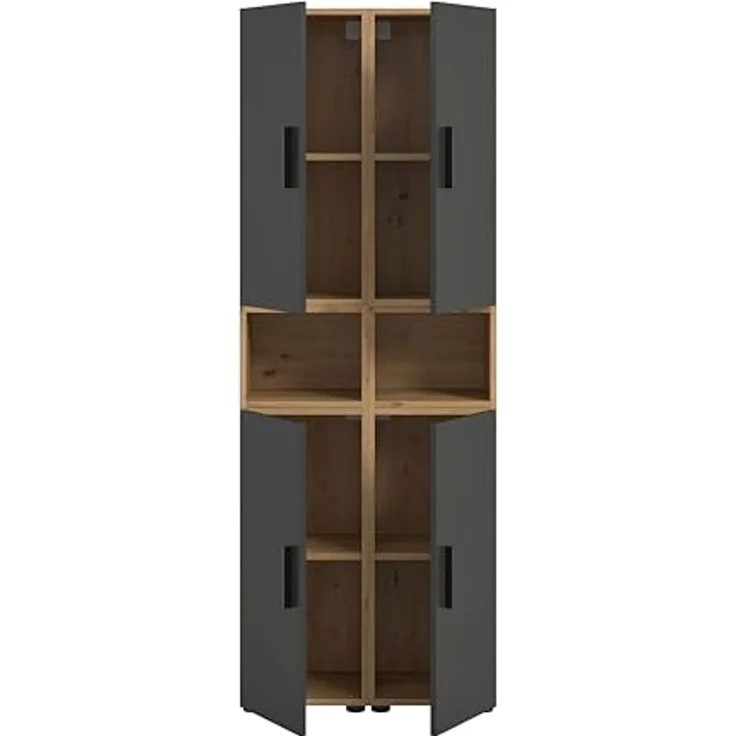 xonox. home – Wohnkombination The One 65x178x34 cm in Artisan Oak und Basalt – Schmale hohe Vitrine mit 4 Türen – 10 Fächer garantieren platzsparende Ordnung in einem markanten, dunklen Holzlook – Bild 5