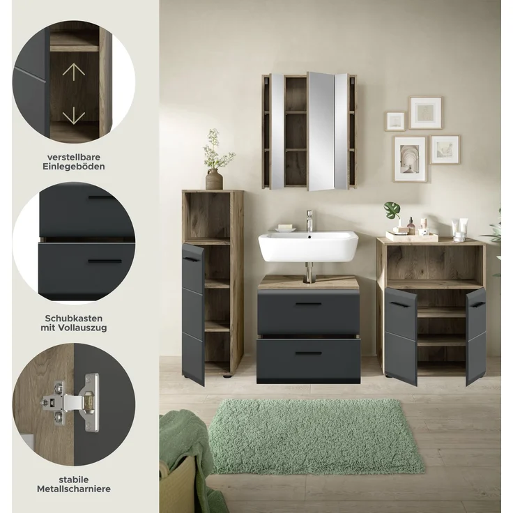 Badkombination (B/H/T: 180x185x30 cm) in schwarz matt und Nox Oak Nachbildung – Bild 7