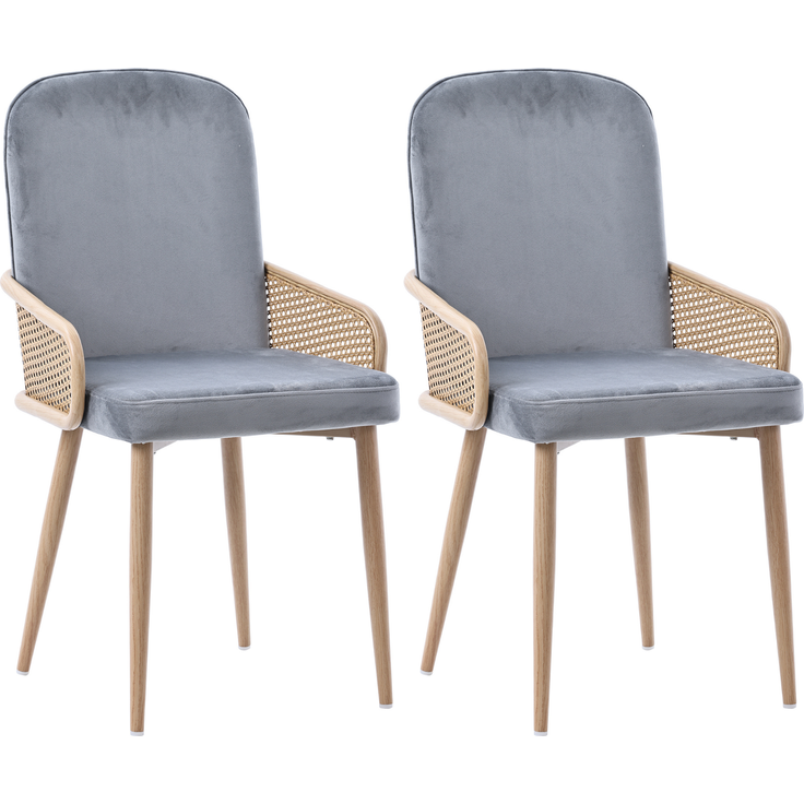 Merax Esszimmerstuhl aus Samt, 2er-Set, Rattan-Design, Wohnzimmer, Schlafzimmer, Mit vier Metallbeinen (Holzmaserungseffekt), Grau
