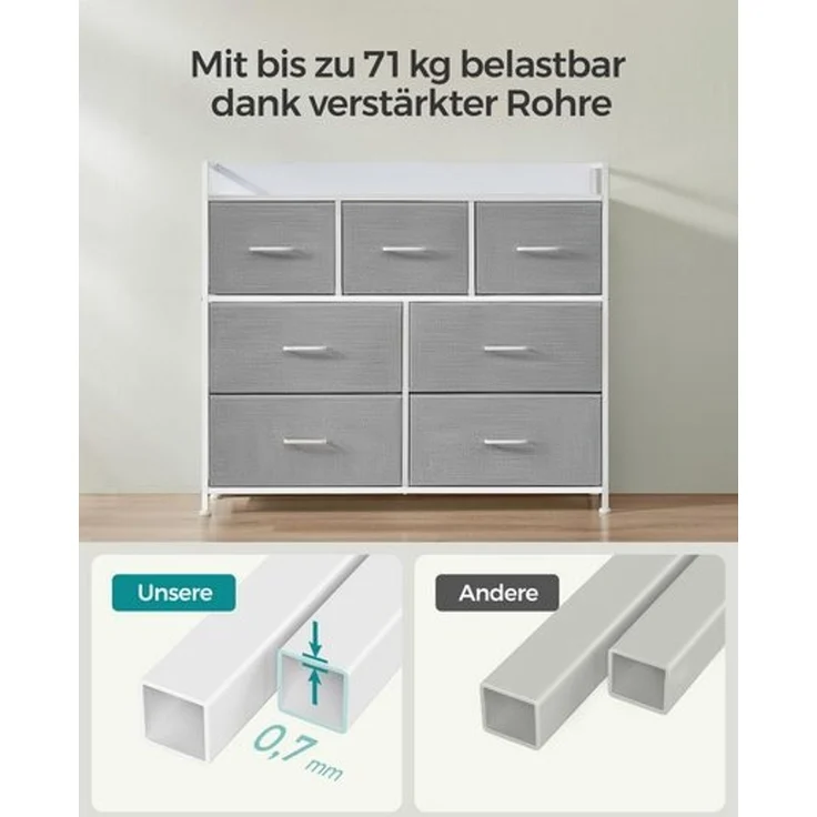 Songmics Kommode mit 7 Stoffschubladen, Holz / Metall taubengrau-wolkenweiß, 98 x 28,5 x 85 (BxTxH) cm – Bild 3