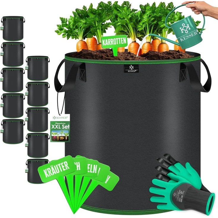 KESSER® Pflanzsack | Pflanzsäcke aus Vlies-Stoff mit Namensschildern | Kartoffel-Pflanztasche mit Fenster & Griffen | Pflanzbeutel für Gemüse Blumen Früchte Schwarz, 27 Liter, 10er Set – Bild 1
