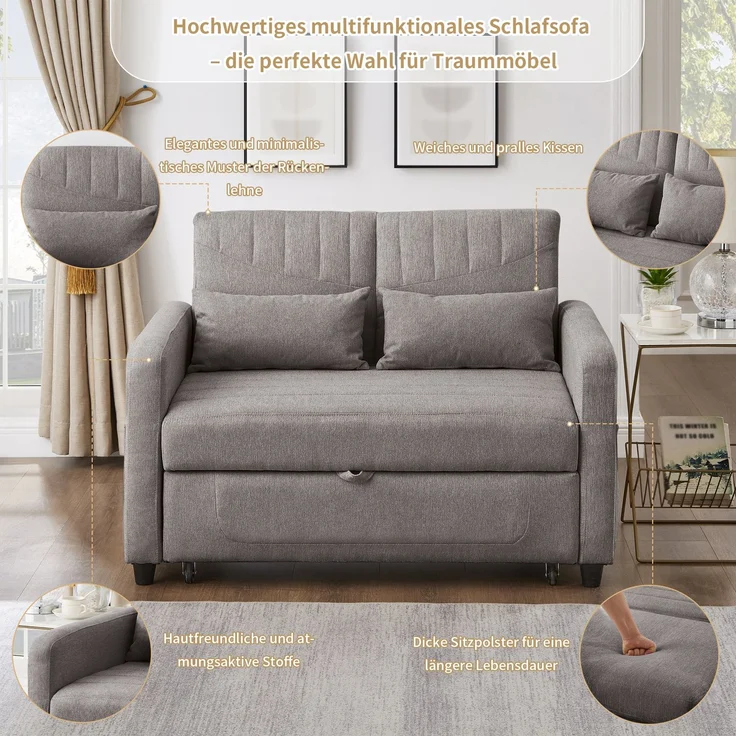 Sofabett 114x77x82,5 cm Grau, ausziehbar mit 3-fach verstellbarer Rückenlehne & Baumwoll-Leinen – Bild 6
