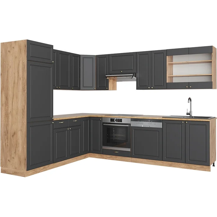 Eckküche Fame-Line Anthrazit-Gold Landhaus/Goldkraft Eiche 287 x 227 cm ohne Arbeitsplatte Vicco – Bild 1