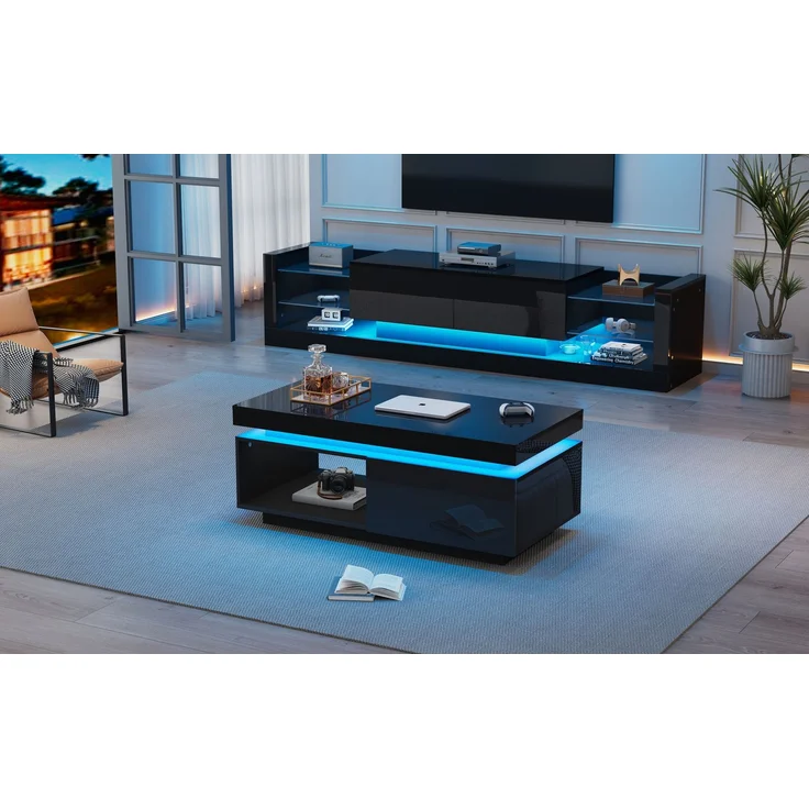 Merax TV-Wandschrank-Set, schwarzer TV-Schrank + schwarzer Couchtisch, schwarzer Hochglanz-Wandschrank, Wohnzimmerset, Hochglanz-Set mit LED-Leuchten – Bild 1