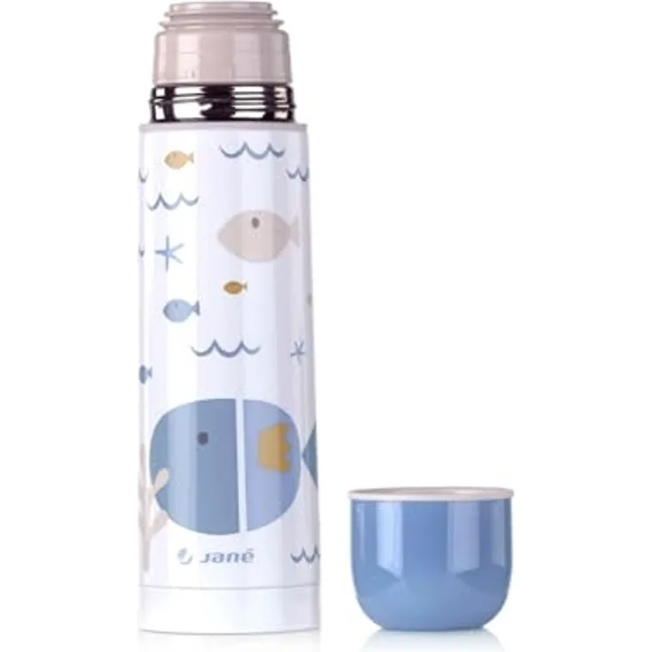 Jané Thermoskanne, 50 cl, breite Öffnung, Edelstahl, bis zu 10 Stunden, Becher, Blau