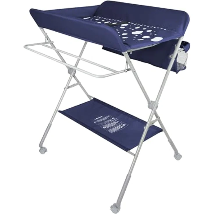 Baby Klappbarer Wickeltisch，Mobiler Wickeltisch mit Rollen und Wickelauflage,Wasserdicht und Höhenverstellbar，Baby Wickelkombi mit Ablagefächern-80 * 58 * 90 cm-Marineblau – Bild 2