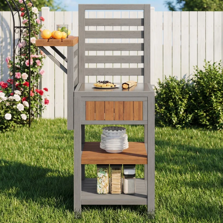 Merax Gartenschrank Holz Outdoor wetterfest – Geräteschrank mit großer Edelstahl-Arbeitsfläche & doppeltem Ablageboden, Grillstation mit zusätzlichem Stauraum, wetterbeständiger Küchenschrank – Bild 2