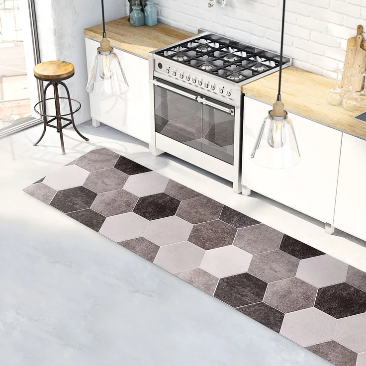 CREARREDA Teppich Läufer - Küchenläufer 180x50 cm Graue Sechsecke Vinyl rutschfest und waschbar Küchenläufer aus Vinyl, 100% Made in Italy Tepiche für Wohnzimmer, Küche