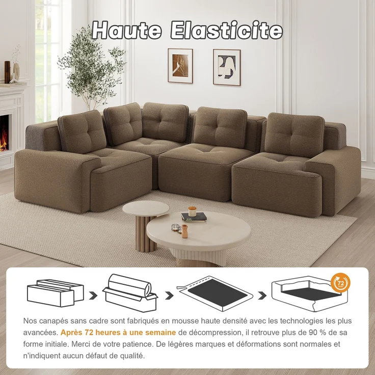 U-förmiges Sofa mit 1 Fußhocker mit Cordbezug und beweglicher Fußauflage, rahmenfreie Lounge-Couch mit breiten Armlehnen ohne Montage, Braun – Bild 12