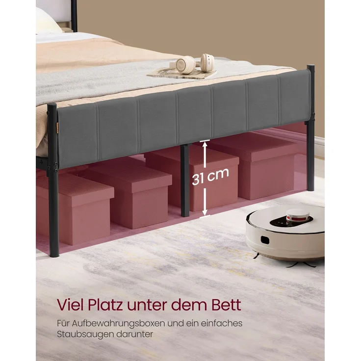 VASAGLE Doppelbett, Bettgestell, 140 x 200 cm, mit gepolstertem Kopfteil, Bettrahmen, Stahl, trägt bis zu 500 kg, grau – Bild 4