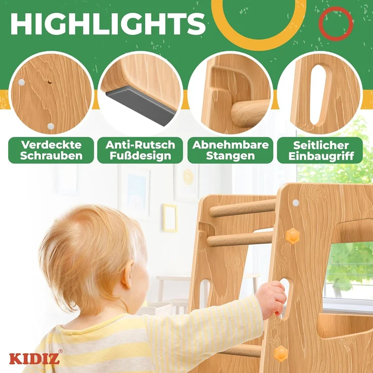 KIDIZ® Lernturm für Kinder ab 1 Jahr inkl. Lernuhr | 3-stufig Höhenverstellbarer Tritthocker aus Kiefernholz | spielerisch motorische Fähigkeiten fördern Montessori Learning Tower bis 50 kg belastbar Hellbraun – Bild 8