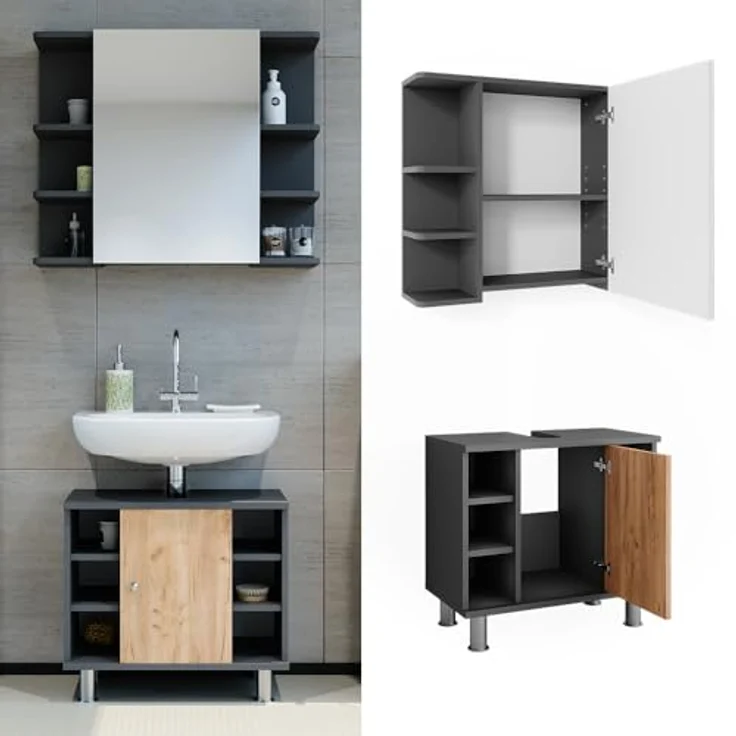 Vichy Badmöbelset Fynn, Waschbeckenunterschrank und Spiegelschrank in Anthrazit/Goldkraft Eiche, 2 Teile – Bild 2