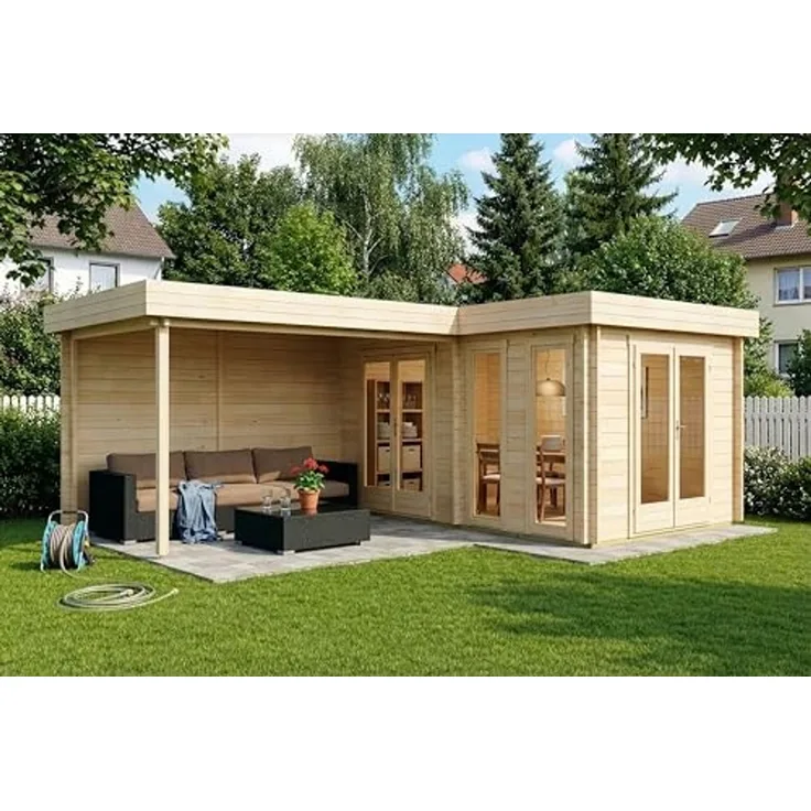 Alpholz Flachdach Gartenhaus Quinta Gartenhaus aus Holz Holzhaus mit 44 mm Wandstärke inklusive Schleppdach Blockbohlenhaus mit Montagematerial