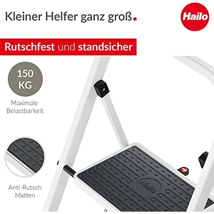 Hailo HobbyStep Stahl-Klapptritt-Leiter - 3 breite Stahl-Stufen mit Anti-Rutsch-Matten belastbar bis 150 kg - Trittleiter mit Klappsicherung - geriffelter ganzflächig aufstehender Steckfuß - weiß – Bild 3