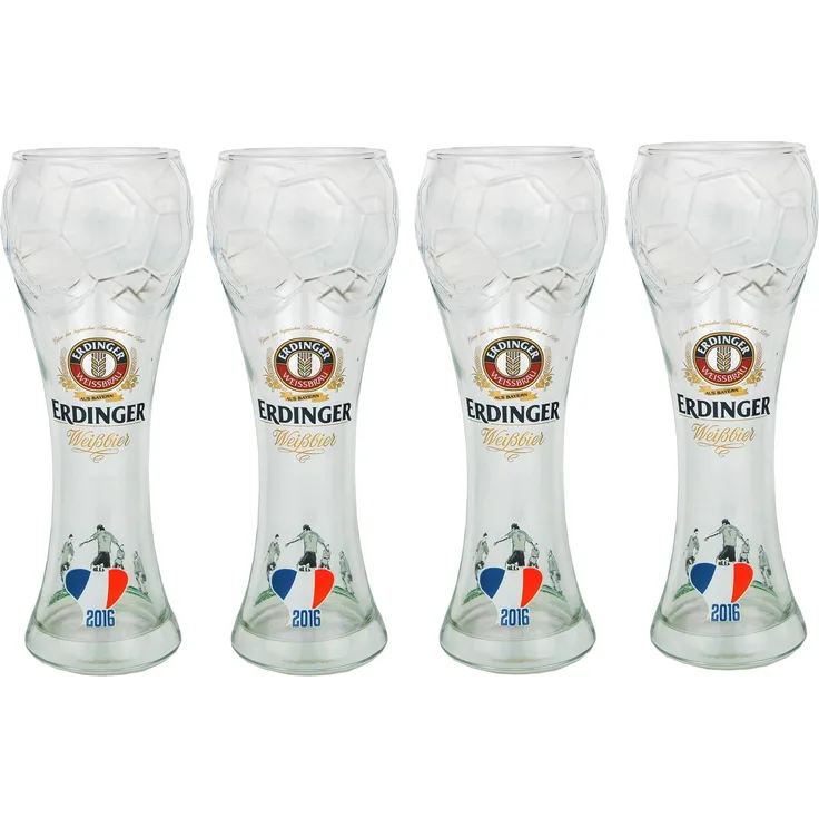 4er Set Weizen- - Weißbierglas mit Erdinger Logo und EM 2016 Verzierung - 0,5 l mit Füllstrich - perfekt für die diesjährige Europameisterschaft