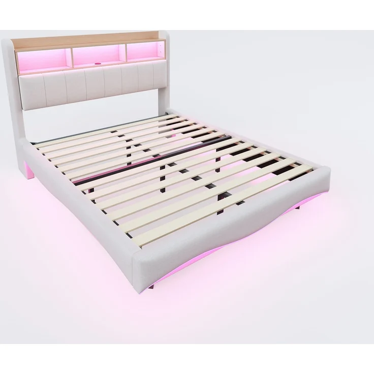 Beiges Schwebebett 140x200 cm Mit LED Beleuchtung Und USB Type C Anschlüssen Doppelbett Mit Stauraum Modernes Design 250 Kg Tragkraft – Bild 9