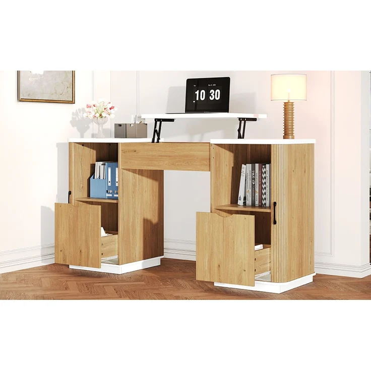 ZUBALIYA Höhenverstellbarer Schreibtisch, 140 × 50 cm, mit großzügigem Stauraum, ausgestattet mit 2 Schubladen und 2 offenen Fächern, Computertisch, Schminktisch, weiß/Eichenoptik, mit Streifenmuster – Bild 15
