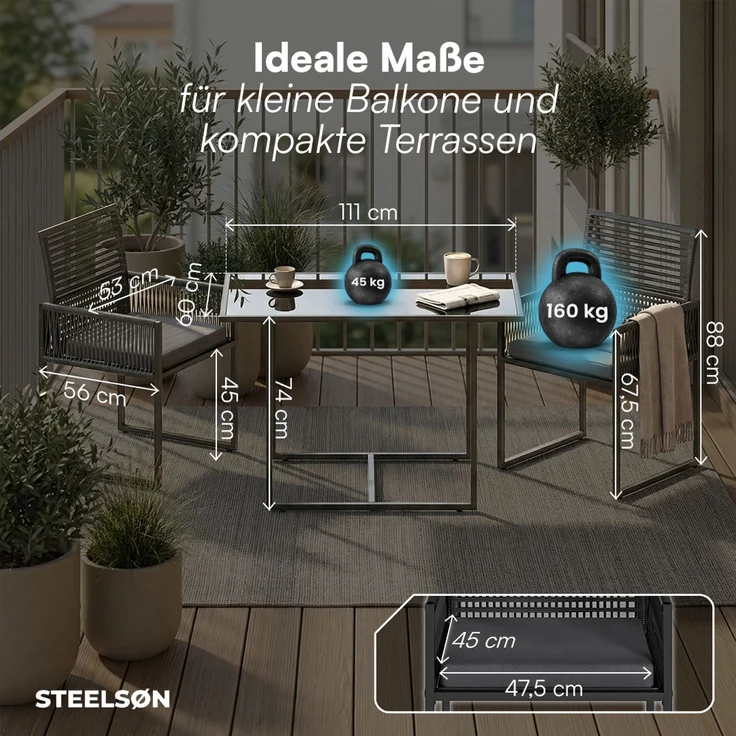 STEELSØN 'Kynaris' 3-tlg. Gartenmöbel-Set, Sitzgruppe aus 2 Polyrattan-Stühlen und Gartentisch, Metall, zusammenklappbar, schwarz/anthrazit, wetterfest – Bild 8