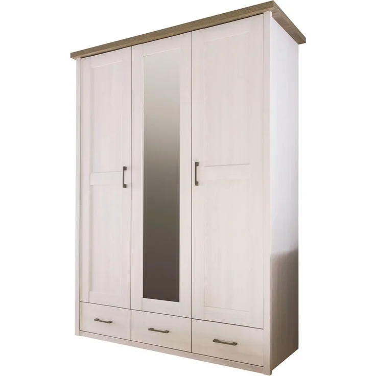 Kleiderschrank im Landhaus Stil LUND-78 in Pinie weiß Nb. /Trüffel Eiche Nb, B/H/T: ca. 148/201/62 cm