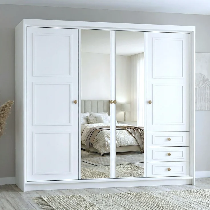 Drehtürenschrank OSLO viertüriger Kleiderschrank mit Schubladen und Metallgriffen – Bild 1