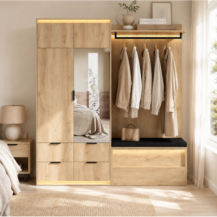 Garderoben-Set aus MDF mit LED-Beleuchtung, Spiegel und Sitzbank, 180x47x200 cm, Eiche/Anthrazit – Bild 4
