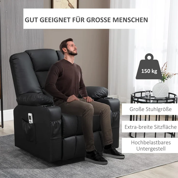 HOMCOM Massagesessel Fernsehsessel mit Liegefunktion, Rollen, Fernbedienung (Relaxsessel mit Aufstehhilfe, 2-St, TV Sessel), mit USB-Anschluss – Bild 7