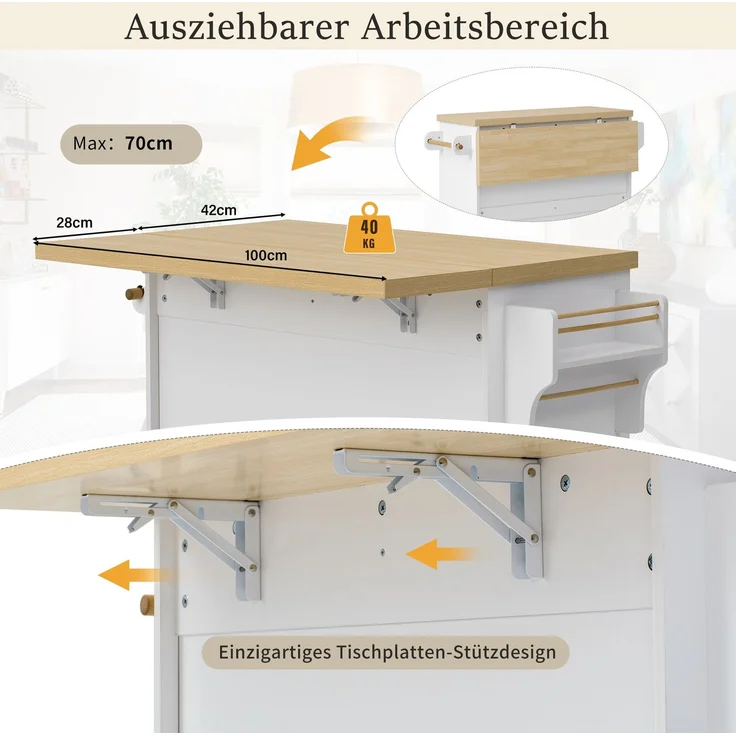 Merax Kücheninsel mit Rollen und ausziehbarem Esstisch, Küchenwagen mit Weinglashalter und Stauraum, Ideal für Küche und Esszimmer (Weiß) – Bild 6