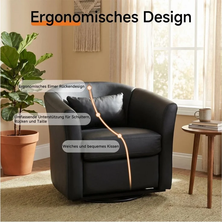 HomeMiYN Drehsessel 360° drehbar, moderner Loungesessel, Kunstleder-Bezug, Bequemer Relaxsessel mit breiter Sitzfläche und weichem Kissen – Bild 3